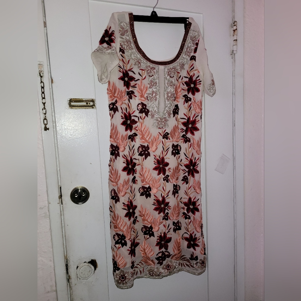 Dress with Cream and pink embroidered flowers and beading throughout Dress